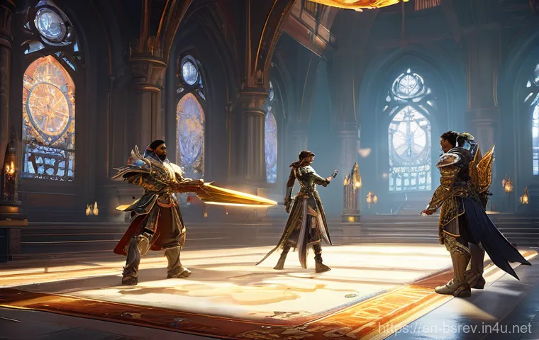 블레이드소울 레볼루션 고레벨 레이드 공략 - **Prompt:** A thrilling scene depicting a coordinated raid group of five diverse Blade & Soul Revolu...